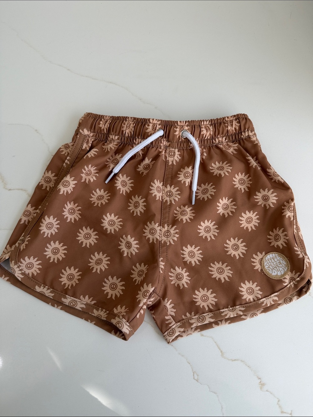 Kids Brown Sun-Print Swim Shorts with Drawstring
